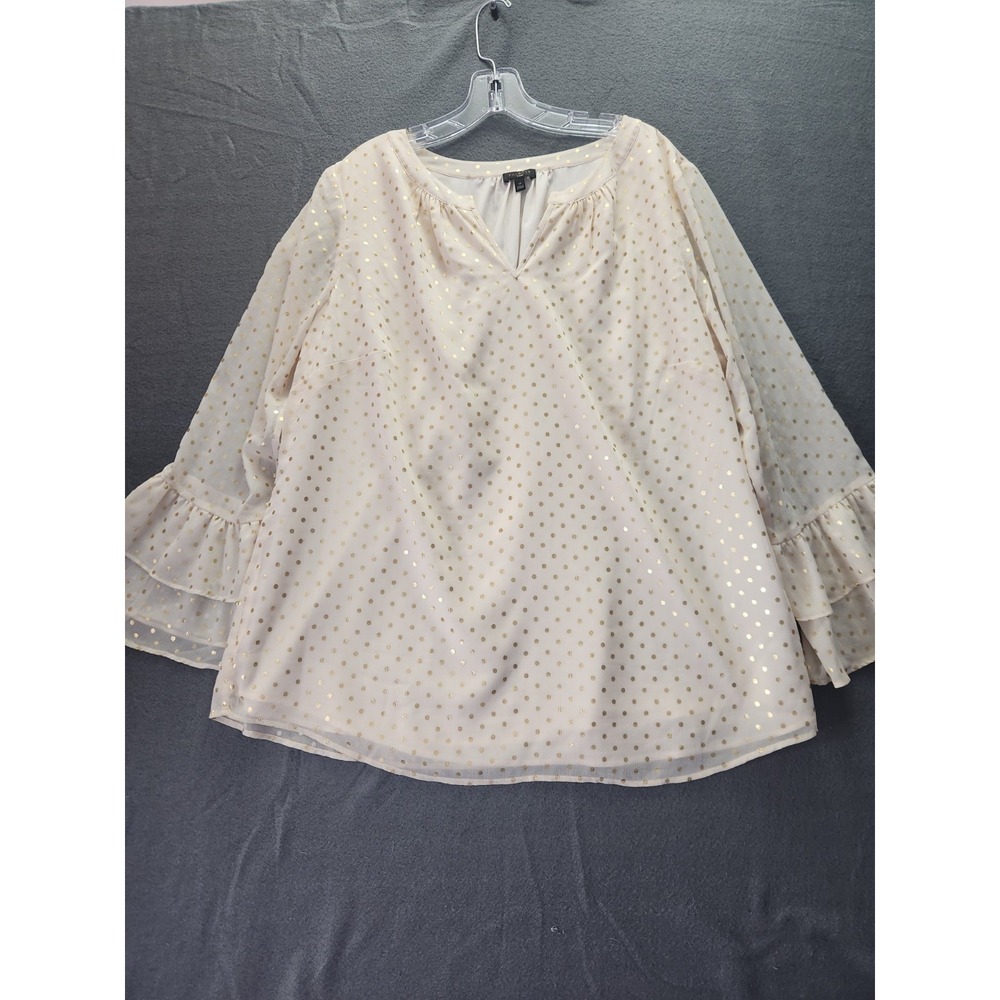 Talbots Women's Cream Gold Polka Dots Bell Sleeves Plus 1X Blouse Top Dress Up